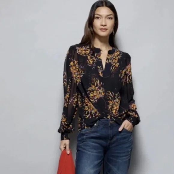 CAbi Tops - CAbi Black Floral Blouse with Mustard & Rust Accents